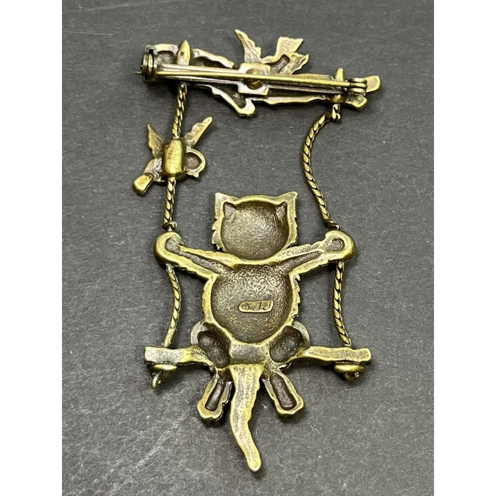 Vintage JJ Jonette Gold Tone Articulated Swinging Cat Bird Pin Brooch 3